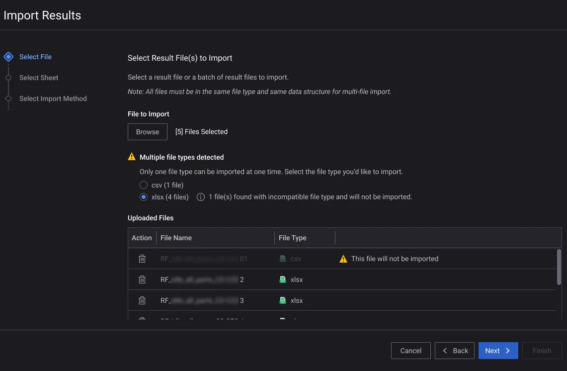 Screenshot of the final wizard design: five files selected for import, with a file-type conflict flagged and the matching type pre-selected.