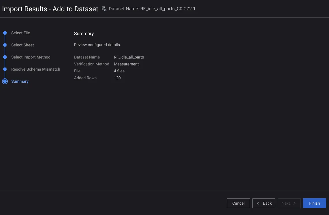 Screenshot of the final wizard design's summary step, confirming the dataset name, verification method, file count and rows added.
