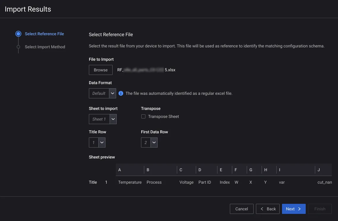 Screenshot of the first wizard redesign: selecting a single reference file, with its sheet, title row and a data preview shown before continuing.