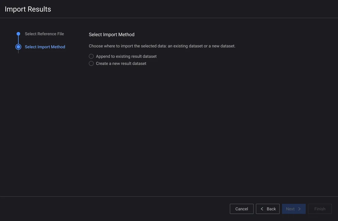 Screenshot of the first wizard redesign's import-method step: choosing to append to an existing result dataset or create a new one.