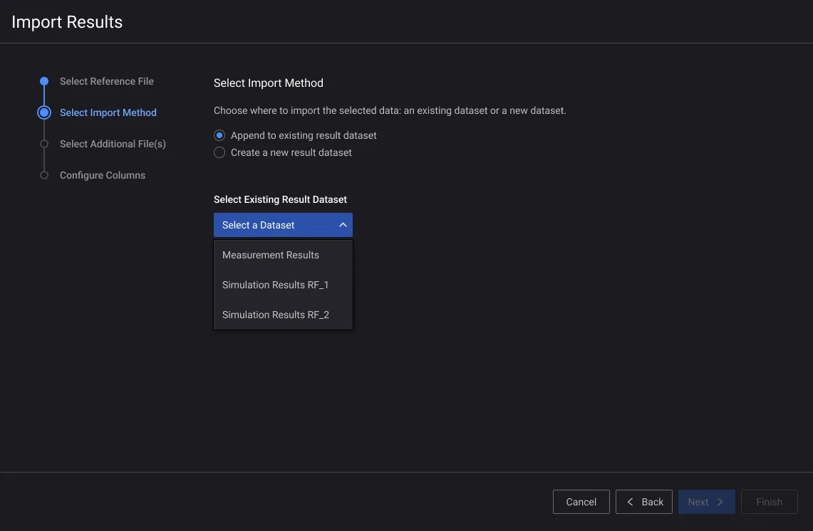 Screenshot of the first wizard redesign: an existing-dataset picker open, listing Measurement Results and two simulation result datasets to append to.