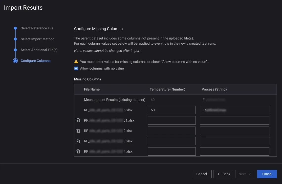 Screenshot of the first wizard redesign's final step: entering values for columns missing from the uploaded files before finishing the import.