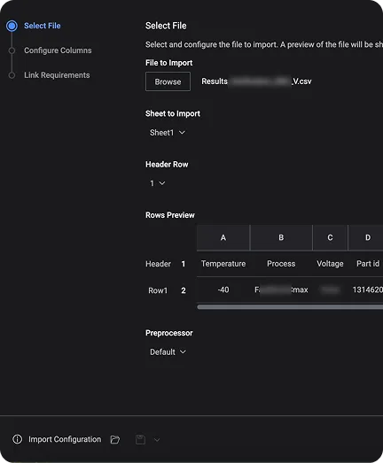 Dark-themed screenshot of the original one-file-at-a-time import wizard's Select File step: a single file picked for import, sheet and header-row pickers, a row preview table, and the Import Configuration control tucked away in the footer, outside the main steps.
