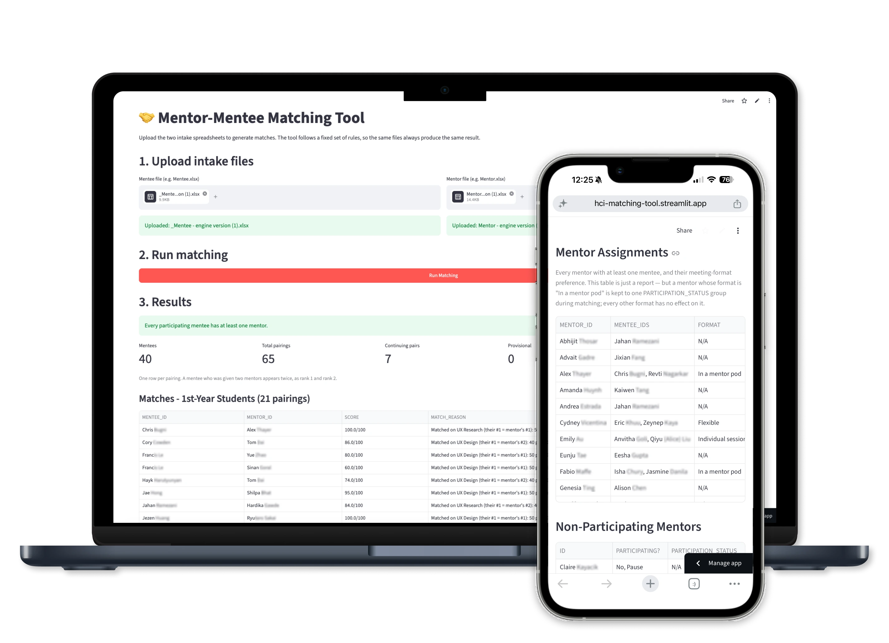 Laptop and phone showing the Mentor-Mentee Matching Tool: a three-step page (upload intake files, run matching, results) and a table of mentor assignments.